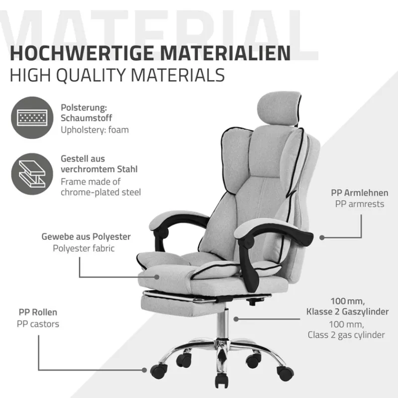 Chefsessel Bürostuhl höhenverstellbar Hellgrau mit höhenverstellbarer Rückenlehne und Fuß-& Kopfstütze bis 120 kg ML-Design-ECD Germany Best