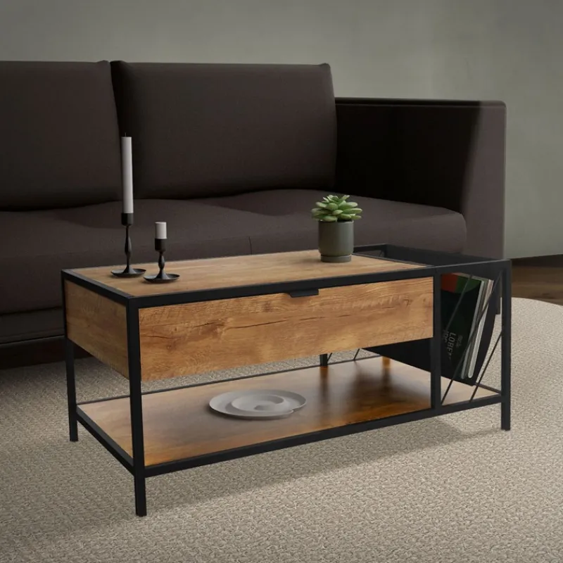 Couchtisch 110x54 cm mit Zeitschriftenfach Eiche Optik Braun Schwarz Wohnzimmertisch ML-Design-ECD Germany