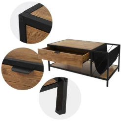 Couchtisch 110x54 cm mit Zeitschriftenfach Eiche Optik Braun Schwarz Wohnzimmertisch ML-Design-ECD Germany