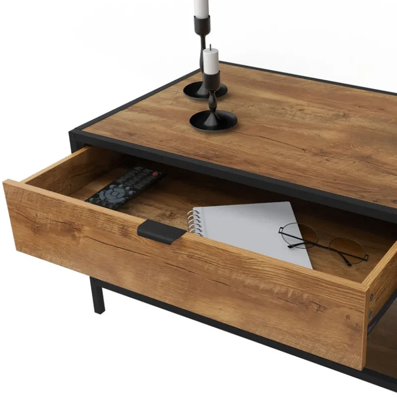 Couchtisch 110x54 cm mit Zeitschriftenfach Eiche Optik Braun Schwarz Wohnzimmertisch ML-Design-ECD Germany