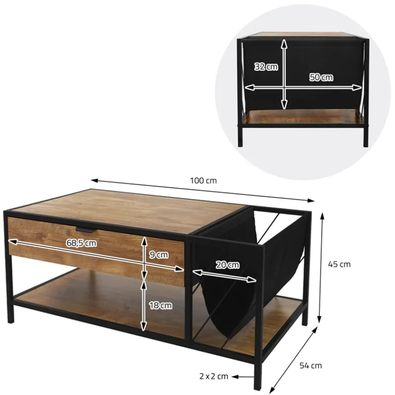 Couchtisch 110x54 cm mit Zeitschriftenfach Eiche Optik Braun Schwarz Wohnzimmertisch ML-Design-ECD Germany