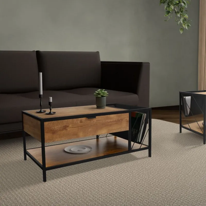 Couchtisch 110x54 cm mit Zeitschriftenfach Eiche Optik Braun Schwarz Wohnzimmertisch ML-Design-ECD Germany