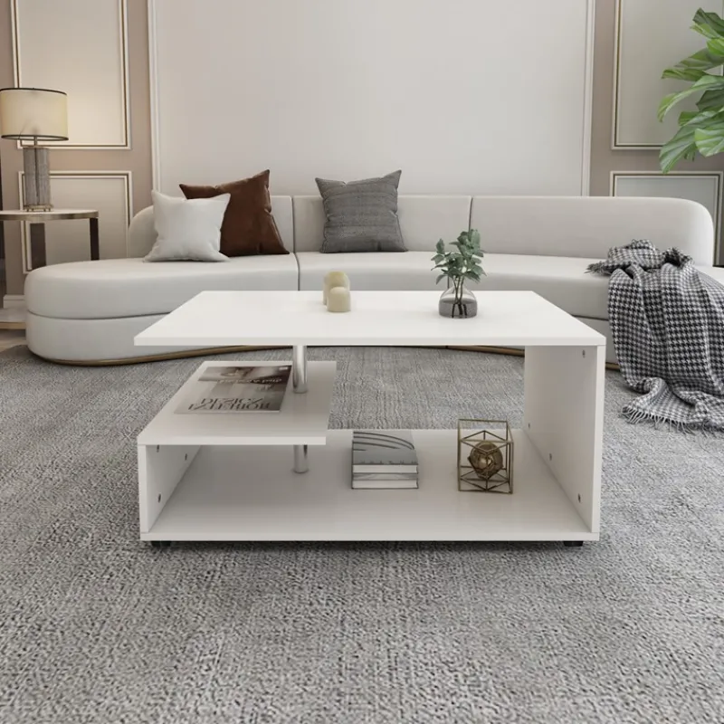 Couchtisch 91x52,6x41 cm Weiß mit Metall Dekostange und Ablageflächen auf 3 Etagen ML-Design-ECD Germany Online