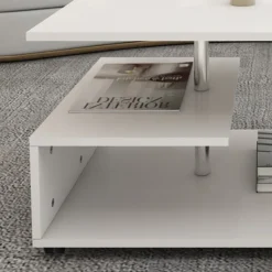 Couchtisch 91x52,6x41 cm Weiß mit Metall Dekostange und Ablageflächen auf 3 Etagen ML-Design-ECD Germany Online