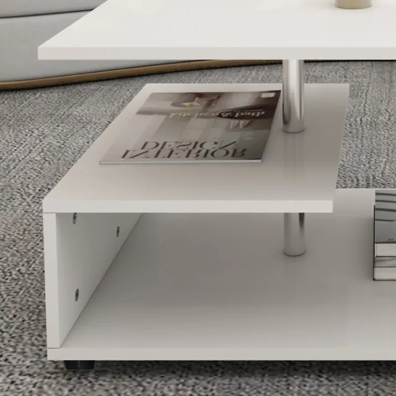 Couchtisch 91x52,6x41 cm Weiß mit Metall Dekostange und Ablageflächen auf 3 Etagen ML-Design-ECD Germany Online