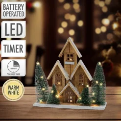 Deko Weihnachtshaus 30cm schneebedeckt mit warmweißen LED-Beleuchtung batteriebetrieben inkl. Timer aus Holz-ECD Germany