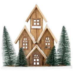 Deko Weihnachtshaus 30cm schneebedeckt mit warmweißen LED-Beleuchtung batteriebetrieben inkl. Timer aus Holz-ECD Germany