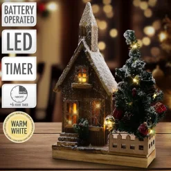 Deko Weihnachtshaus schneebedeckt mit LED Beleuchtung 44 x 27 cm aus Holz-ECD Germany Sale