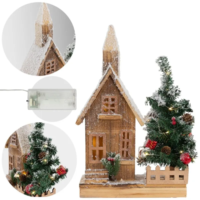 Deko Weihnachtshaus schneebedeckt mit LED Beleuchtung 44 x 27 cm aus Holz-ECD Germany Sale