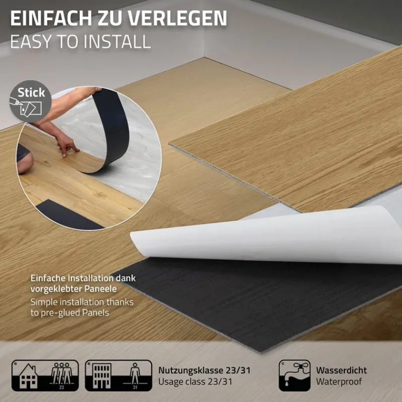 Deluxe PVC Klebevinylboden für 2,23 m² Natur Eiche 2 mm dick ML-Design-ECD Germany Outlet