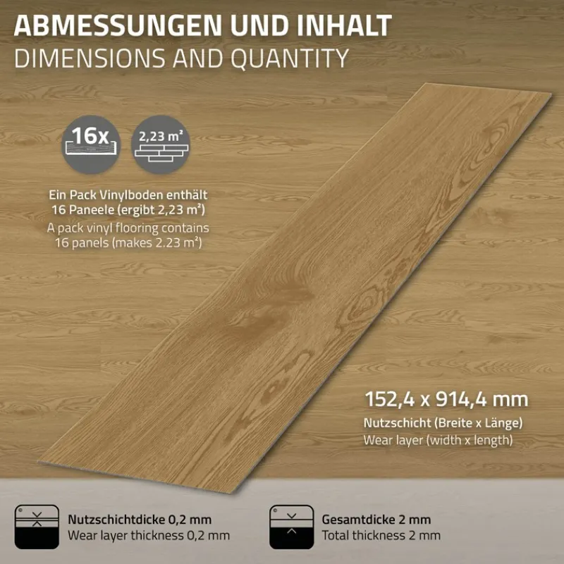Deluxe PVC Klebevinylboden für 2,23 m² Natur Eiche 2 mm dick ML-Design-ECD Germany Outlet