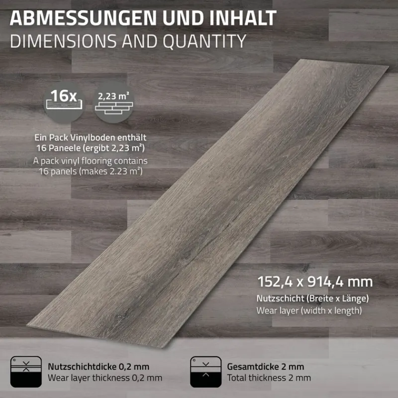 Deluxe PVC Klebevinylboden für 2,23 m² Kiefer Grau 2 mm dick ML-Design-ECD Germany Best