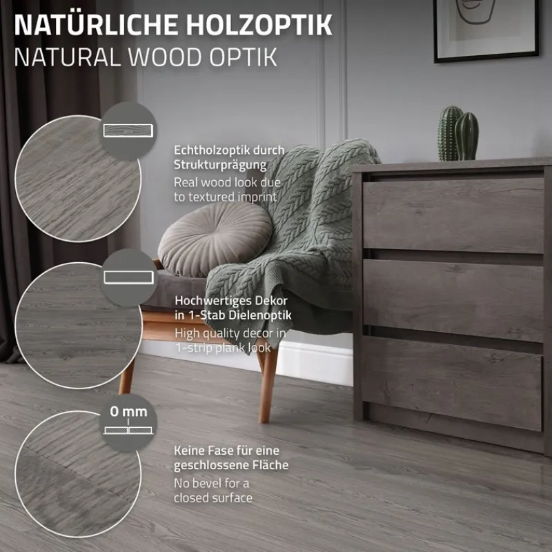 Deluxe PVC Klebevinylboden für 2,3 m² Eiche Grau 2 mm dick ML-Design-ECD Germany Clearance