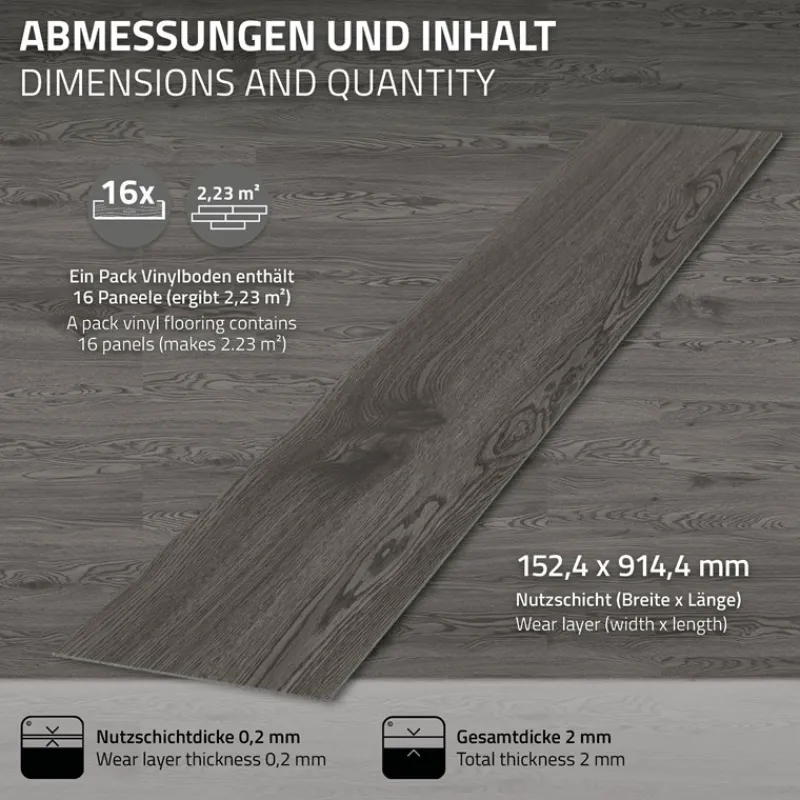 Deluxe PVC Klebevinylboden für 2,3 m² Eiche Grau 2 mm dick ML-Design-ECD Germany Clearance