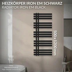 Design Badheizkörper Iron EM 500x1200 mm Schwarz matt Luxe Bath-ECD Germany Online