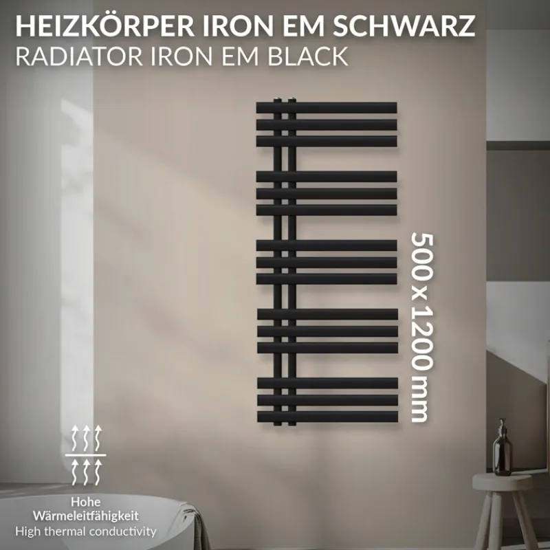Design Badheizkörper Iron EM 500x1200 mm Schwarz matt Luxe Bath-ECD Germany Online