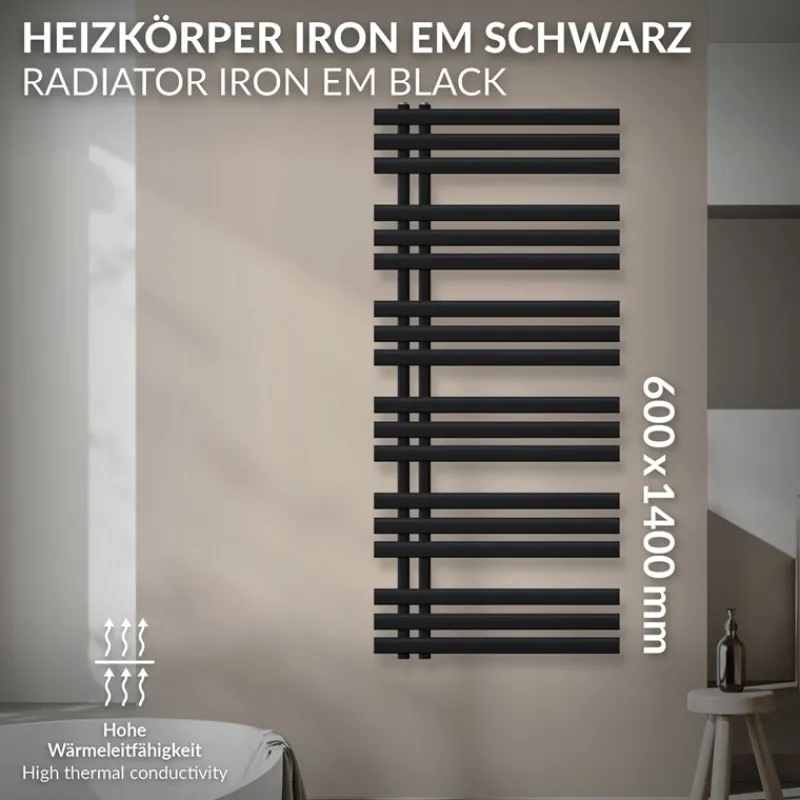 Design Badheizkörper Iron EM 600x1400 mm Schwarz matt Luxe Bath-ECD Germany Online