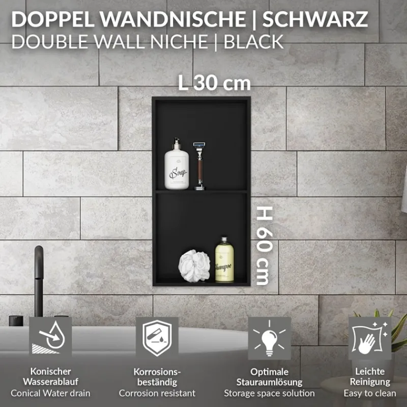 Duschnische 2 Ebenen 30x60 cm Schwarz aus Edelstahl Wandnische Duschablage LuxeBath-ECD Germany Outlet