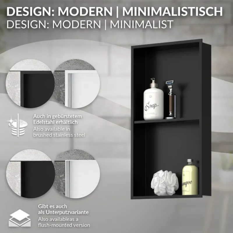 Duschnische 2 Ebenen 30x60 cm Schwarz aus Edelstahl Wandnische Duschablage LuxeBath-ECD Germany Outlet