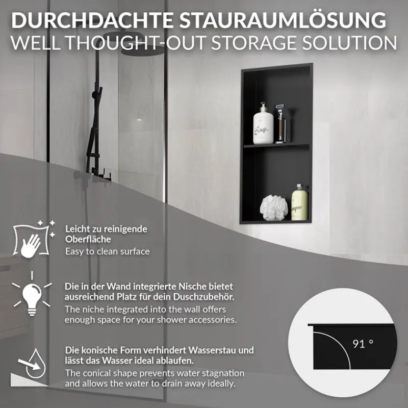 Duschnische 2 Ebenen 30x60 cm Schwarz aus Edelstahl Wandnische Duschablage LuxeBath-ECD Germany Outlet