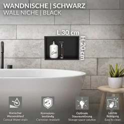 Duschnische 30x20 cm Schwarz aus Edelstahl Wandnische Duschablage LuxeBath-ECD Germany Hot