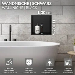 Duschnische 30x30 cm Schwarz aus Edelstahl Wandnische Duschablage LuxeBath-ECD Germany Clearance