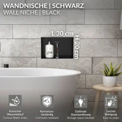 Duschnische 30x20 cm Schwarz aus Edelstahl Unterputz Rahmen Wandnische Duschablage LuxeBath-ECD Germany New