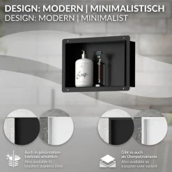 Duschnische 30x20 cm Schwarz aus Edelstahl Unterputz Rahmen Wandnische Duschablage LuxeBath-ECD Germany New
