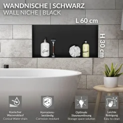Duschnische 60x30 cm Schwarz aus Edelstahl Unterputz Rahmen Wandnische Duschablage LuxeBath-ECD Germany Hot