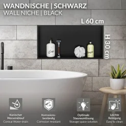 Duschnische 60x30 cm Schwarz aus Edelstahl Wandnische Duschablage LuxeBath-ECD Germany Online