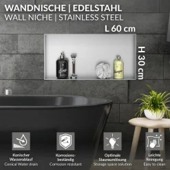 Duschnische 60x30 cm Silber aus Edelstahl Unterputz Rahmen Wandnische Duschablage LuxeBath-ECD Germany New