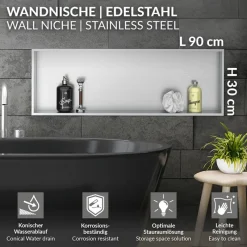 Duschnische 90x30 cm Silber aus Edelstahl Wandnische Duschablage LuxeBath-ECD Germany