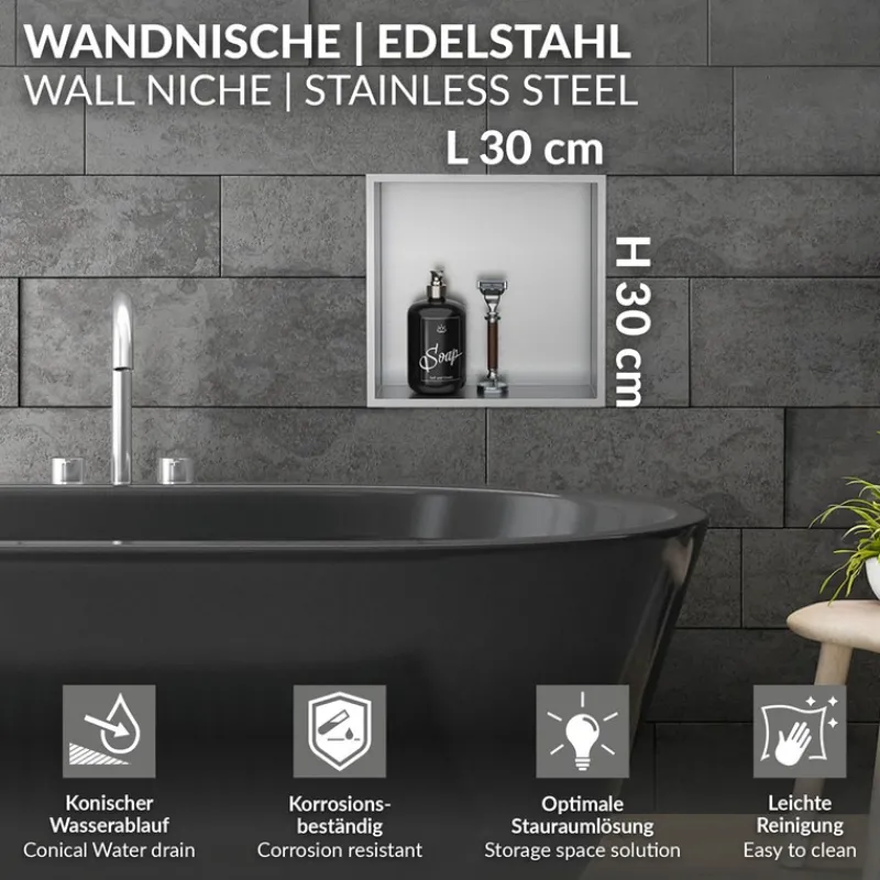 Duschnische 30x30 cm Silber aus Edelstahl Wandnische Duschablage LuxeBath-ECD Germany Discount