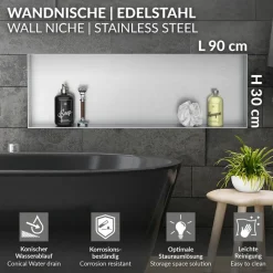 Duschnische 90x30 cm Silber aus Edelstahl Unterputz Rahmen Wandnische Duschablage LuxeBath-ECD Germany Outlet
