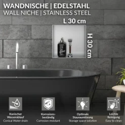 Duschnische 30x30 cm Silber aus Edelstahl Unterputz Rahmen Wandnische Duschablage LuxeBath-ECD Germany Discount