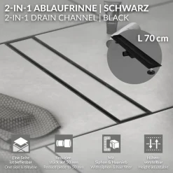 Duschrinne 70 cm befliesbar Schwarz mit Siphon & Haarsieb 2in1 LuxeBath-ECD Germany Hot