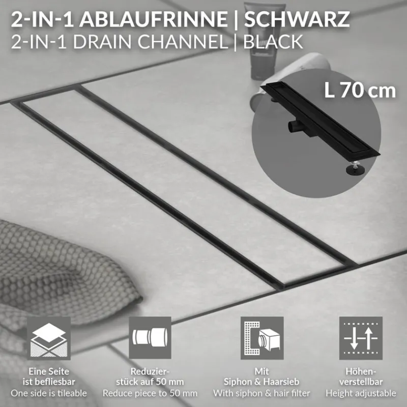 Duschrinne 70 cm befliesbar Schwarz mit Siphon & Haarsieb 2in1 LuxeBath-ECD Germany Hot