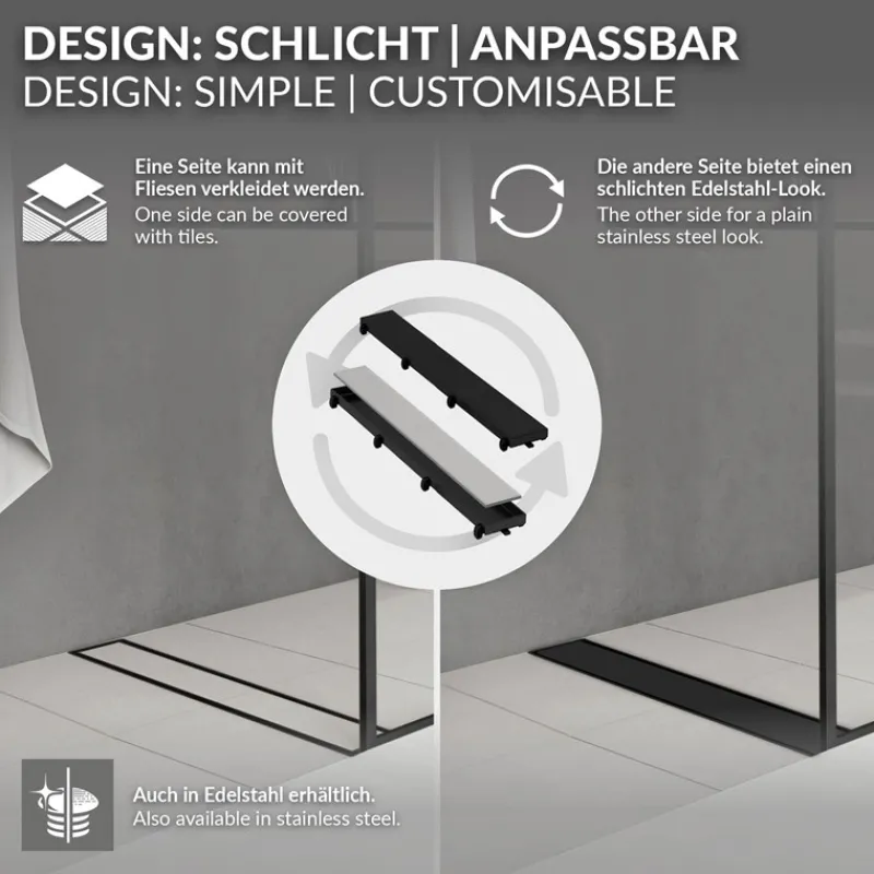 Duschrinne 70 cm befliesbar Schwarz mit Siphon & Haarsieb 2in1 LuxeBath-ECD Germany Hot