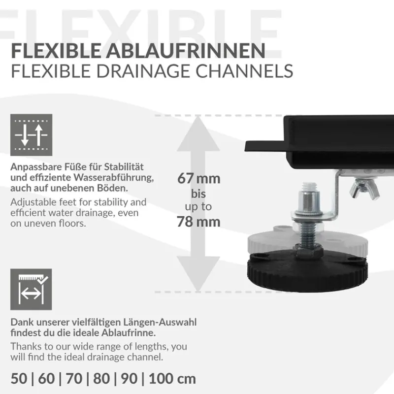 Duschrinne 70 cm befliesbar Schwarz mit Siphon & Haarsieb 2in1 LuxeBath-ECD Germany Hot
