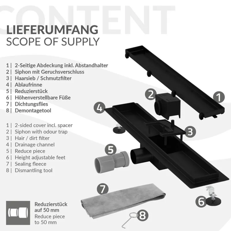 Duschrinne 70 cm befliesbar Schwarz mit Siphon & Haarsieb 2in1 LuxeBath-ECD Germany Hot