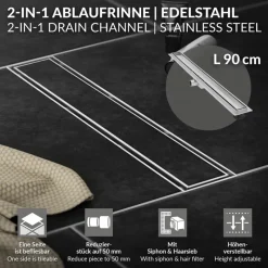 Edelstahl Duschrinne befliesbar 90 cm und Siphon Komplettset Silber flach LuxeBath-ECD Germany Online