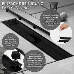 Edelstahl Duschrinne befliesbar 90 cm und Siphon Komplettset Schwarz flach LuxeBath-ECD Germany Hot