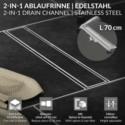 Edelstahl Duschrinne befliesbar 70 cm und Siphon Komplettset Silber flach LuxeBath-ECD Germany Clearance