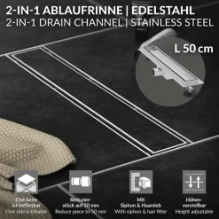 Edelstahl Duschrinne befliesbar 50 cm und Siphon Komplettset Silber flach LuxeBath-ECD Germany Hot