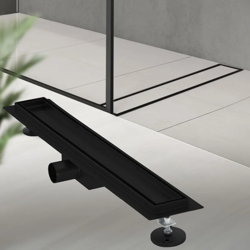 Edelstahl Duschrinne befliesbar 60 cm und Siphon Komplettset Schwarz flach LuxeBath-ECD Germany New