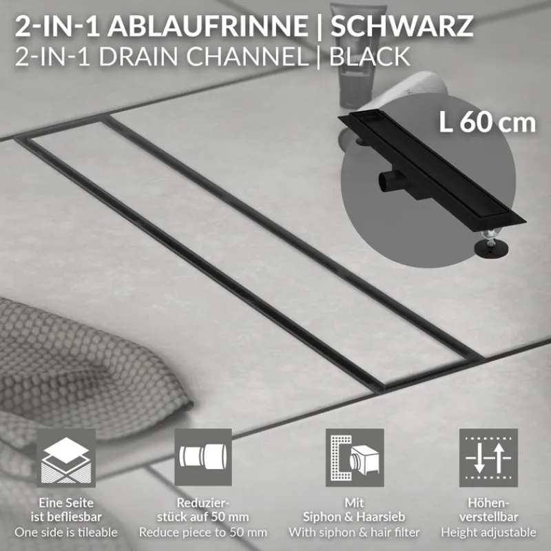 Edelstahl Duschrinne befliesbar 60 cm und Siphon Komplettset Schwarz flach LuxeBath-ECD Germany New