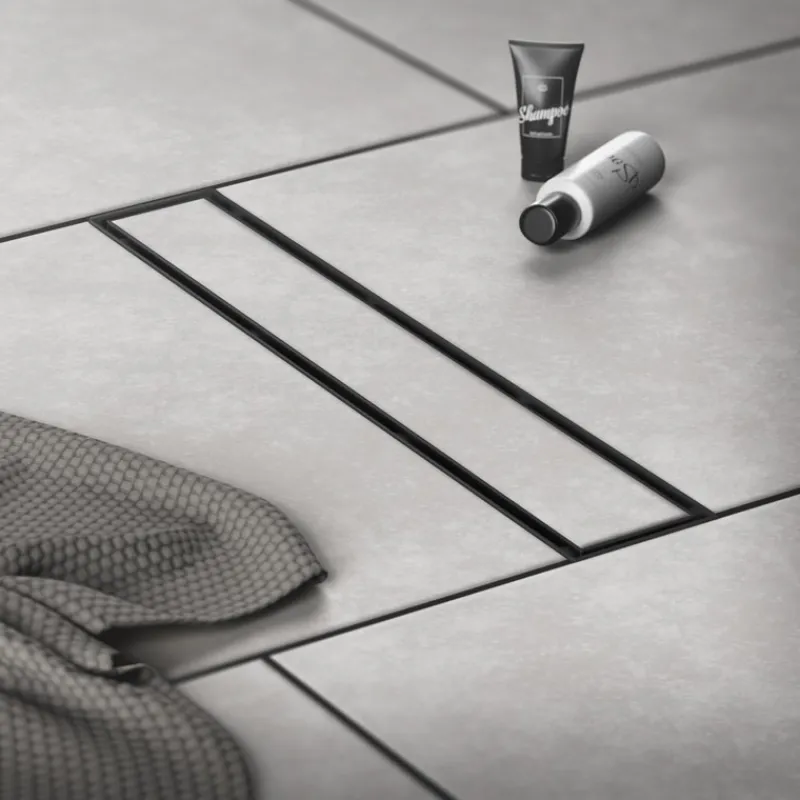 Edelstahl Duschrinne befliesbar 60 cm und Siphon Komplettset Schwarz flach LuxeBath-ECD Germany New