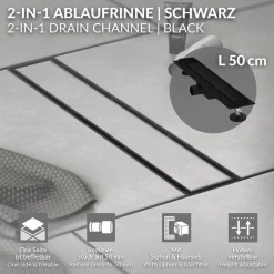 Edelstahl Duschrinne befliesbar 50 cm und Siphon Komplettset Schwarz flach LuxeBath-ECD Germany