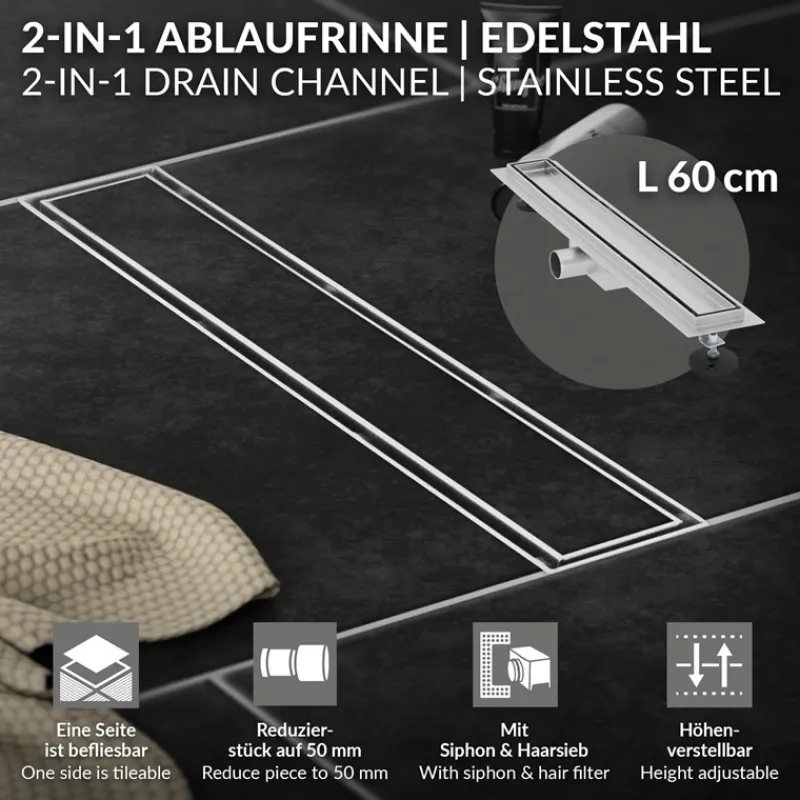 Edelstahl Duschrinne befliesbar 60 cm und Siphon Komplettset Silber flach LuxeBath-ECD Germany Outlet