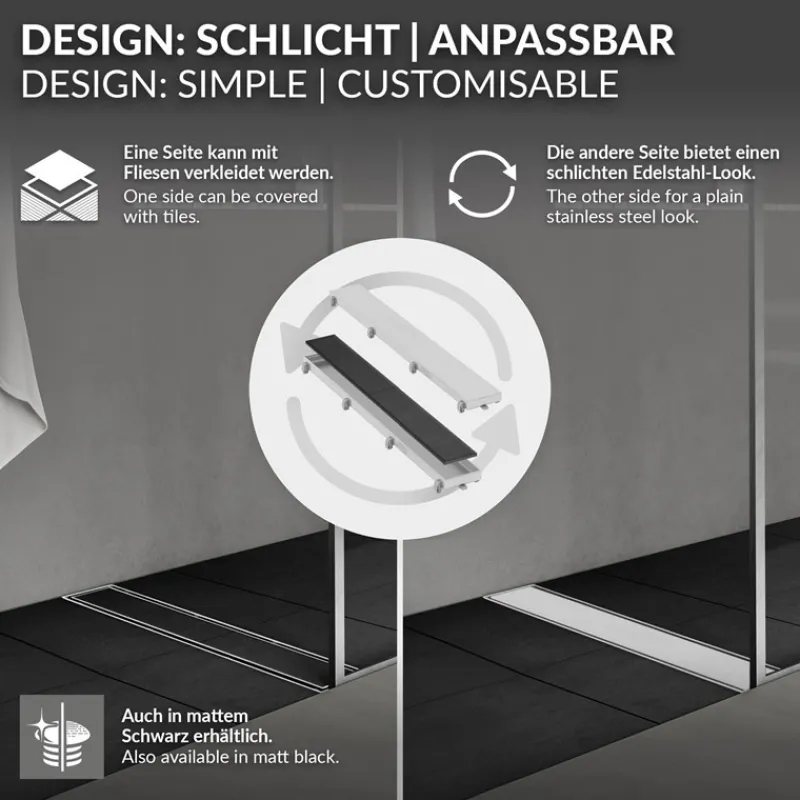 Edelstahl Duschrinne befliesbar 60 cm und Siphon Komplettset Silber flach LuxeBath-ECD Germany Outlet